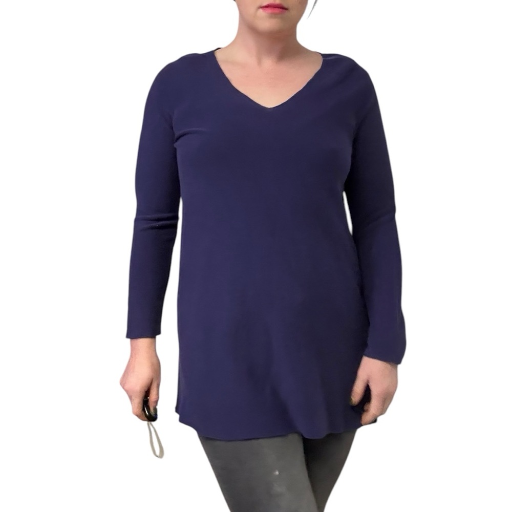 Eileen Fisher Women's Organic Cotton Navy Blue V-Neck Top Long Sleeve